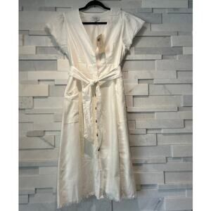 ACOA NWT Linen/Cotton Plunge-neck Button Front Raw Hem Short Sleeve Midi Dress L